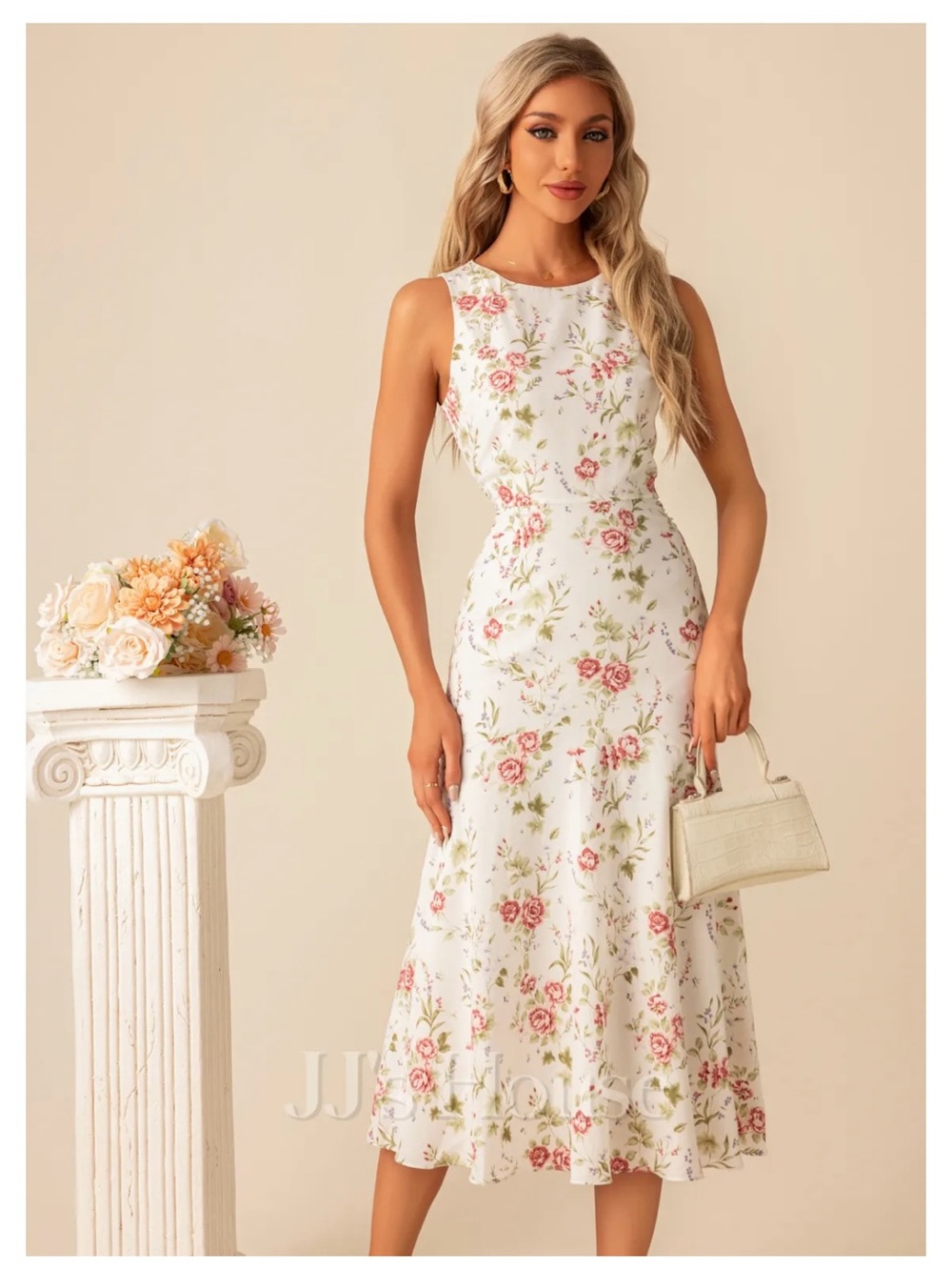 JJs House White Floral Midi Dress with Pink Roses